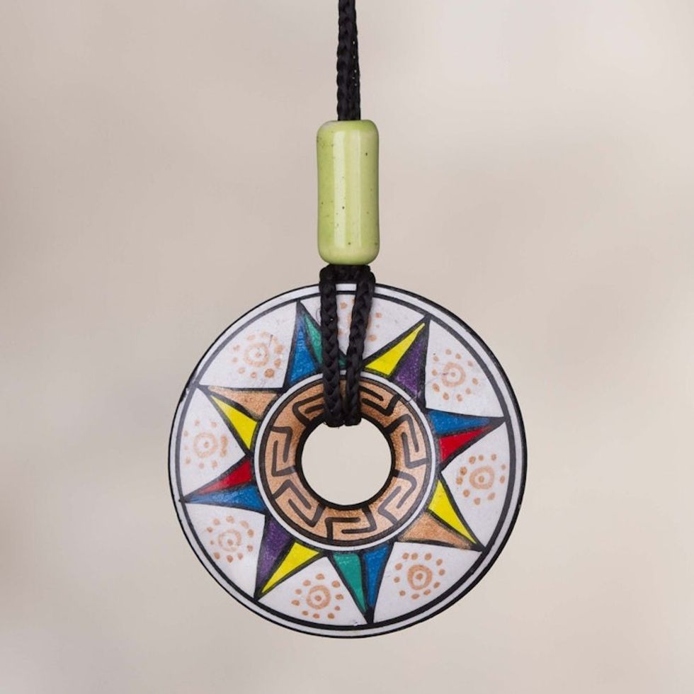 Ceramic Pendant Necklace with Multicolored Sun from Peru 'Sun of Many Colors'