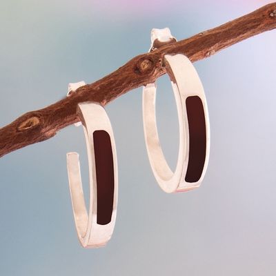 Alternate image for Sterling Silver Half-Hoop Earrings with Inlaid Jasper Stone Dual Enchantment