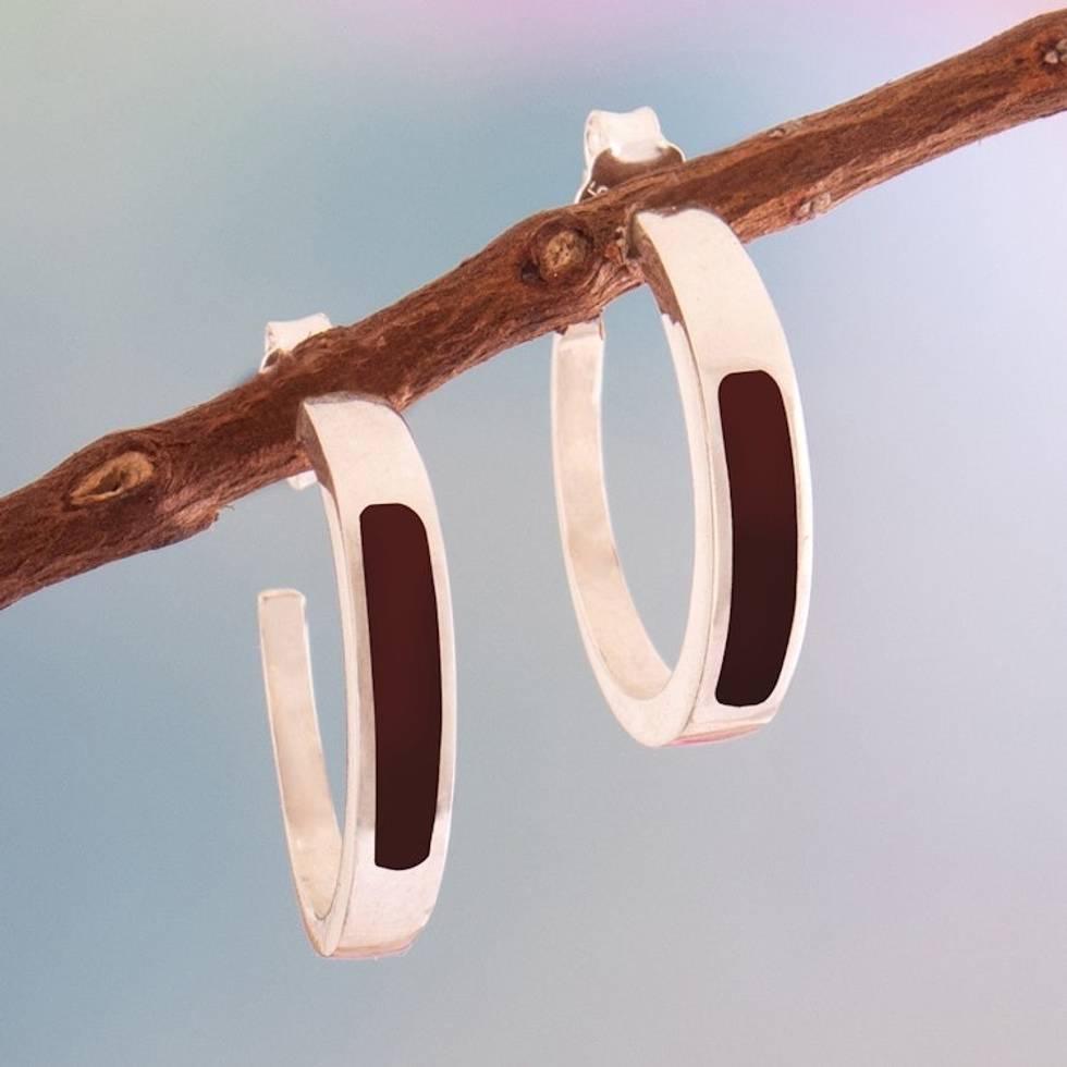 Sterling Silver Half-Hoop Earrings with Inlaid Jasper Stone 'Dual Enchantment'