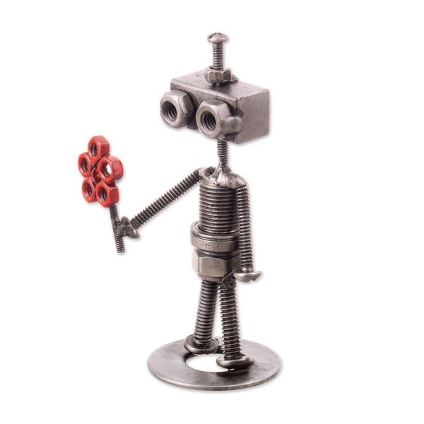 Alternate image for Eco-Friendly Recycled Metal Figurine of Robot with Flower Robotic Love