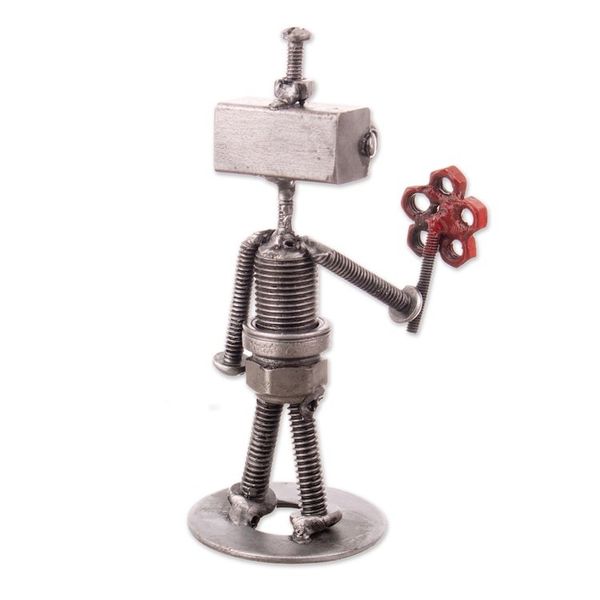 Alternate image for Eco-Friendly Recycled Metal Figurine of Robot with Flower Robotic Love