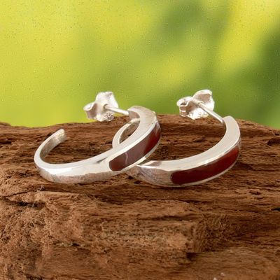 Alternate image for Sterling Silver Half-Hoop Earrings with Inlaid Jasper Stone Dual Enchantment
