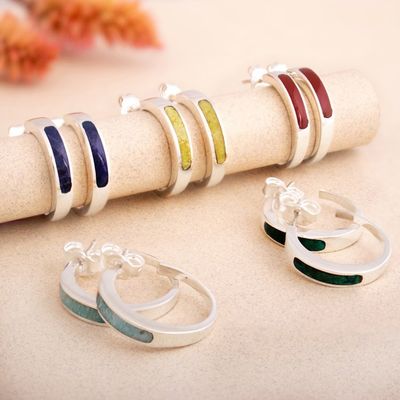 Alternate image for Sterling Silver Half-Hoop Earrings with Inlaid Jasper Stone Dual Enchantment