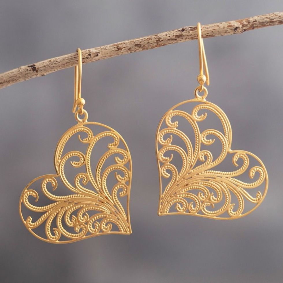Heart-Shaped Gold-Plated Earrings Handcrafted in Peru 'Flourishing Heart'