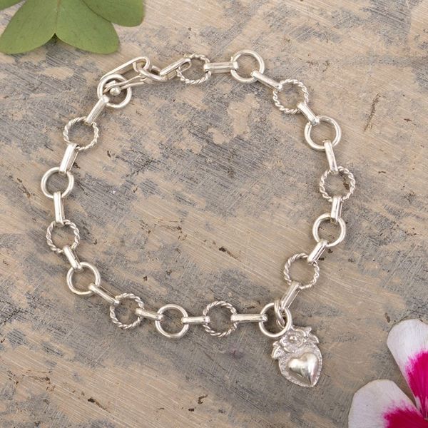 Alternate image for Religious Sterling Silver Heart Link Bracelet from Peru Divine Heart