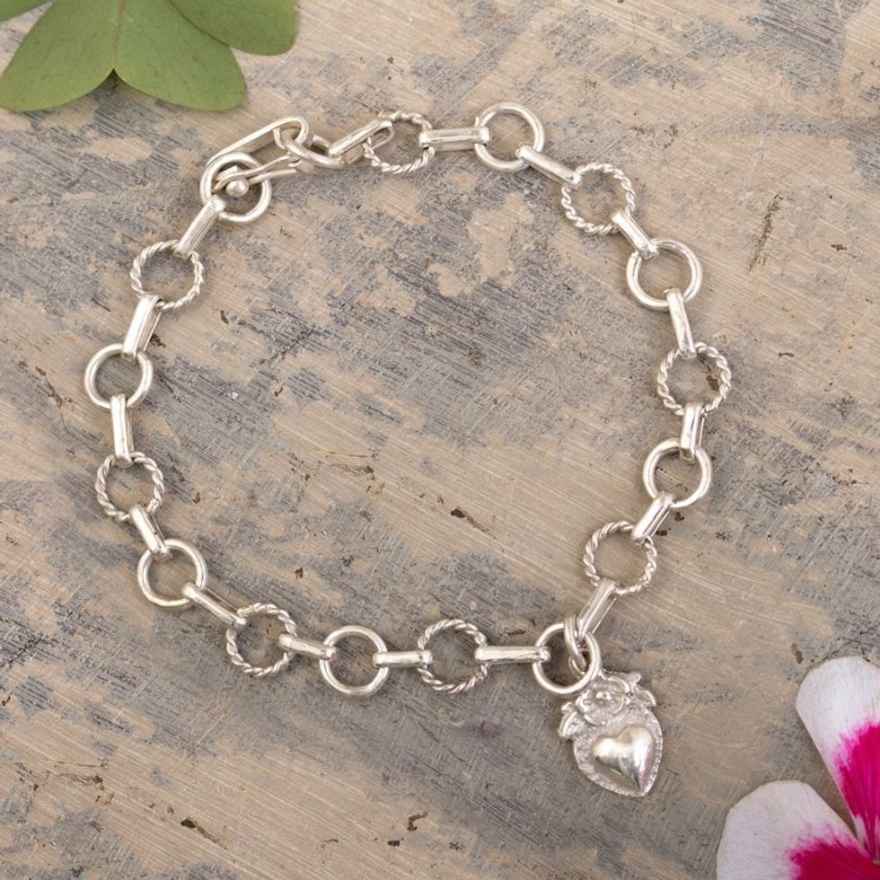 Religious Sterling Silver Heart Link Bracelet from Peru 'Divine Heart'
