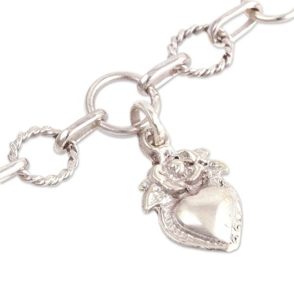 Alternate image for Religious Sterling Silver Heart Link Bracelet from Peru Divine Heart