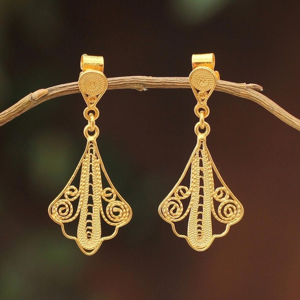 21K Gold Plated Filigree Dangle Earrings from Peru 'Peruvian Lace'