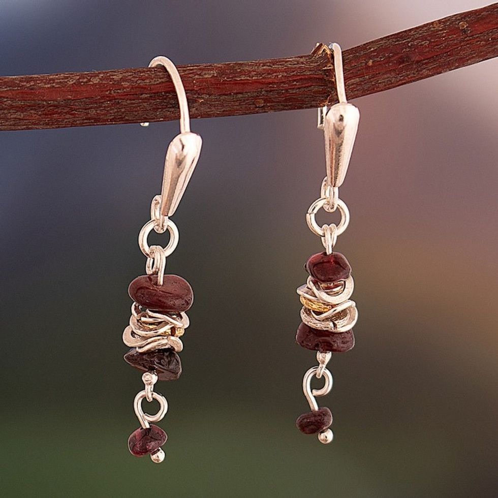 Garnet and Silver Dangle Earrings with 18k Golden Accents 'Vibrant Gems'
