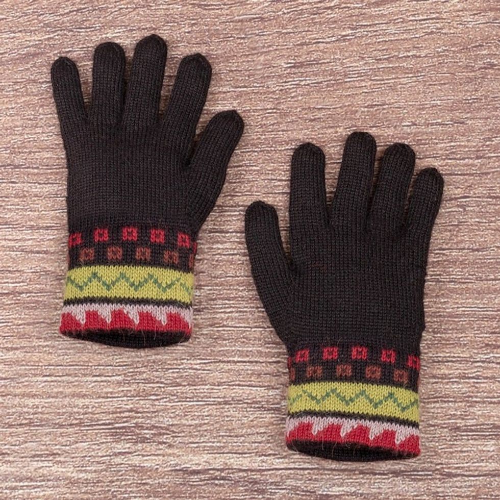 Traditional Knit Green and Red 100 Alpaca Gloves from Peru 'Memories of the Andes'