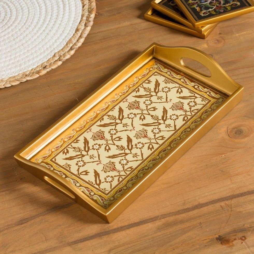Gold-Tone Reverse-Painted Glass Tray from Peru 'Golden Colonial'
