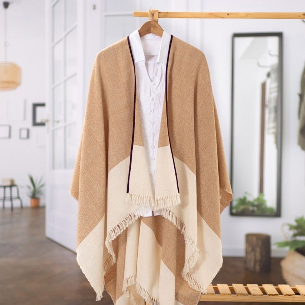 Fringed and Suede Trimmed Baby Alpaca Ruana in Brown White 'Dreamy Dunes'