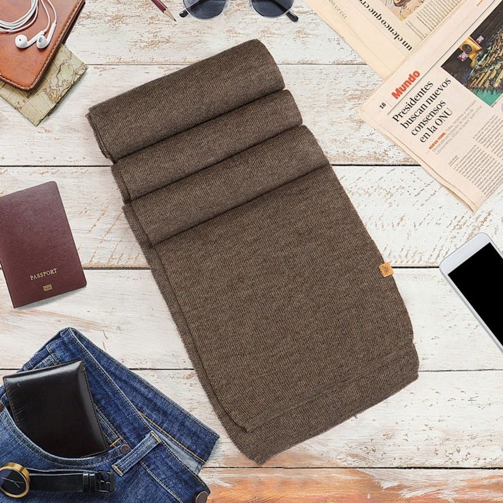 Knit Alpaca Blend Scarf in Brown Shade from Peru 'Cozy Sepia'