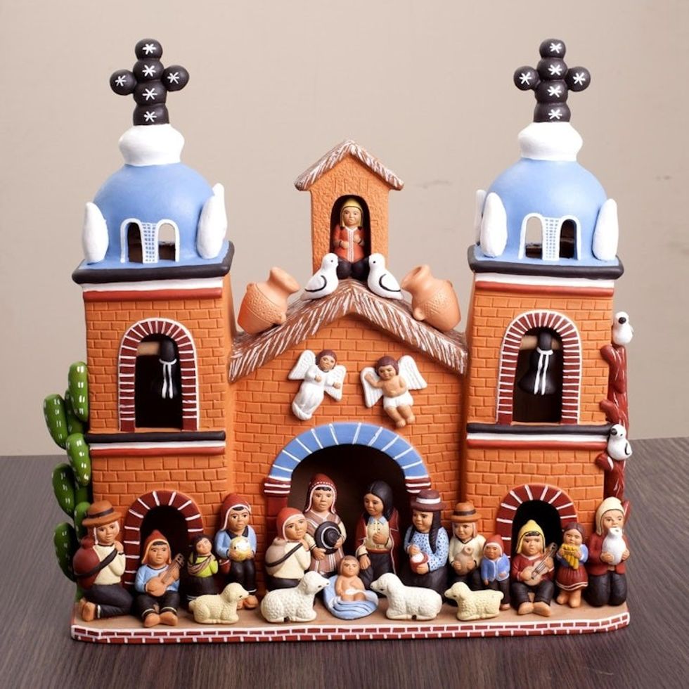 Handcrafted Peruvian Signed Ceramic Christmas Nativity Scene 'Christmas in the Stone Church'