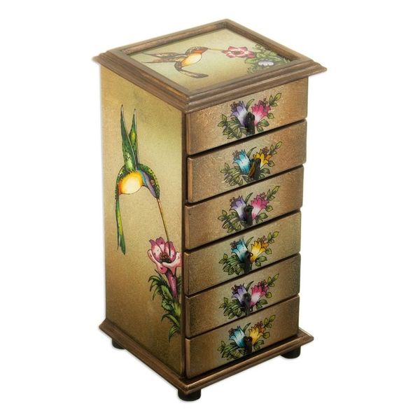 Alternate image for Hummingbirds Reverse Painted Glass Jewelry Box from Peru Flying Hummingbirds