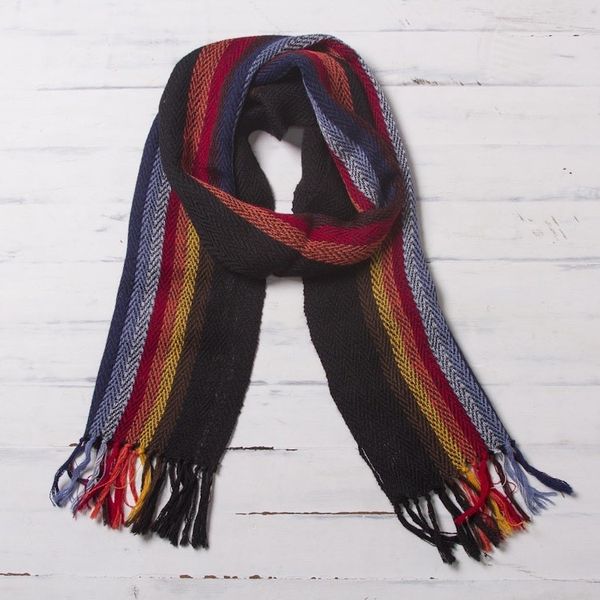 Alternate image for Black with Colorful Stripes Handwoven 100 Alpaca Scarf Mountain Evening