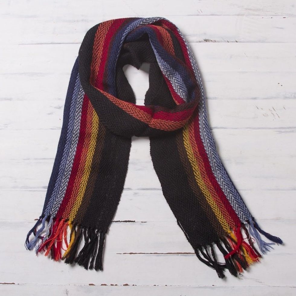 Black with Colorful Stripes Handwoven 100 Alpaca Scarf 'Mountain Evening'