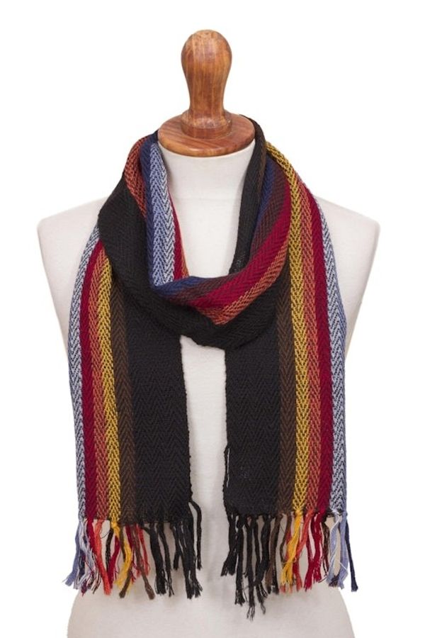 Alternate image for Black with Colorful Stripes Handwoven 100 Alpaca Scarf Mountain Evening