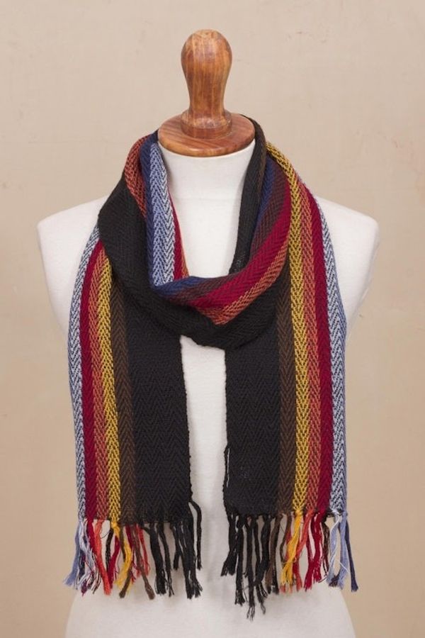 Alternate image for Black with Colorful Stripes Handwoven 100 Alpaca Scarf Mountain Evening