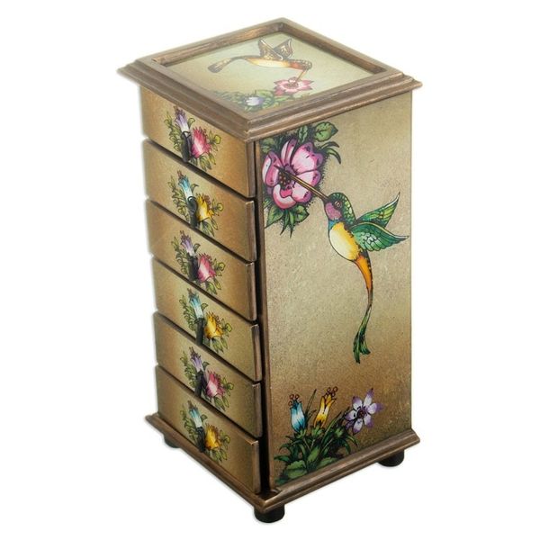 Alternate image for Hummingbirds Reverse Painted Glass Jewelry Box from Peru Flying Hummingbirds