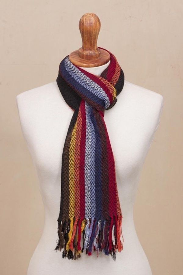 Alternate image for Black with Colorful Stripes Handwoven 100 Alpaca Scarf Mountain Evening