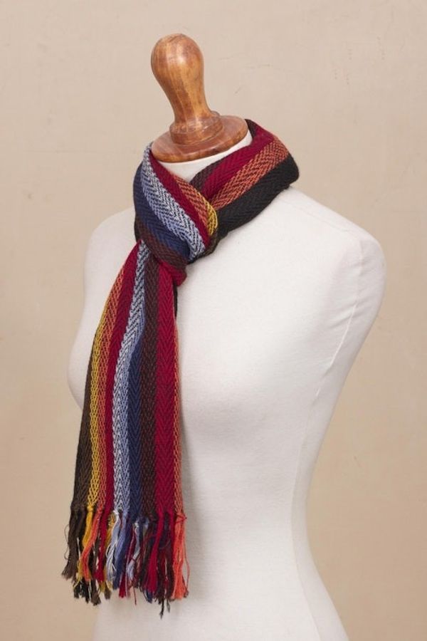 Alternate image for Black with Colorful Stripes Handwoven 100 Alpaca Scarf Mountain Evening