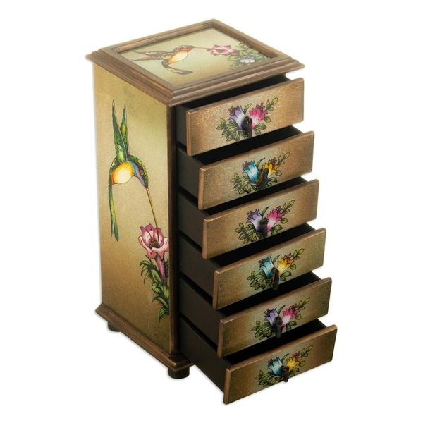 Alternate image for Hummingbirds Reverse Painted Glass Jewelry Box from Peru Flying Hummingbirds
