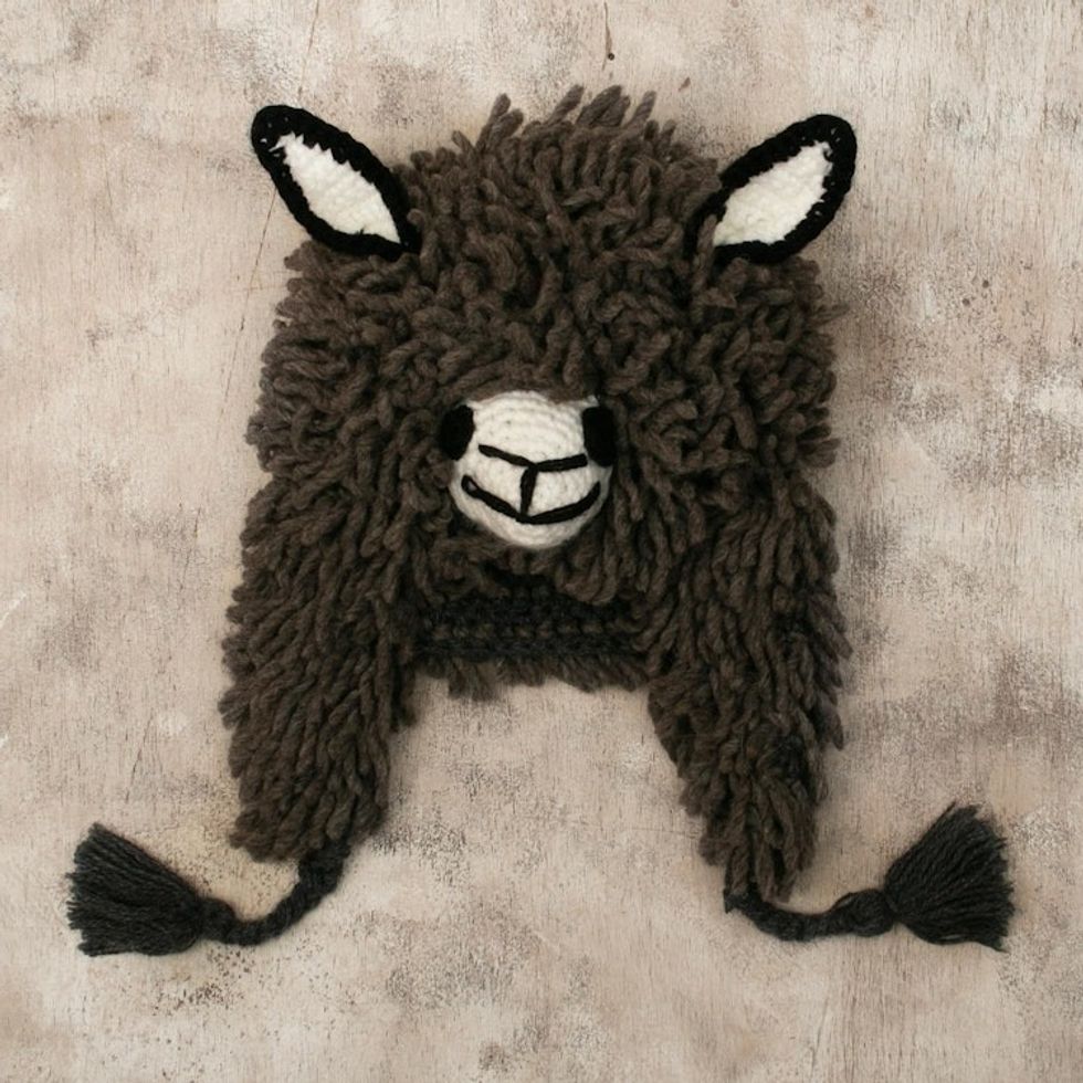 Furry Dark Grey Llama Wool Blend Beanie Hat from Peru 'Grey Llama'