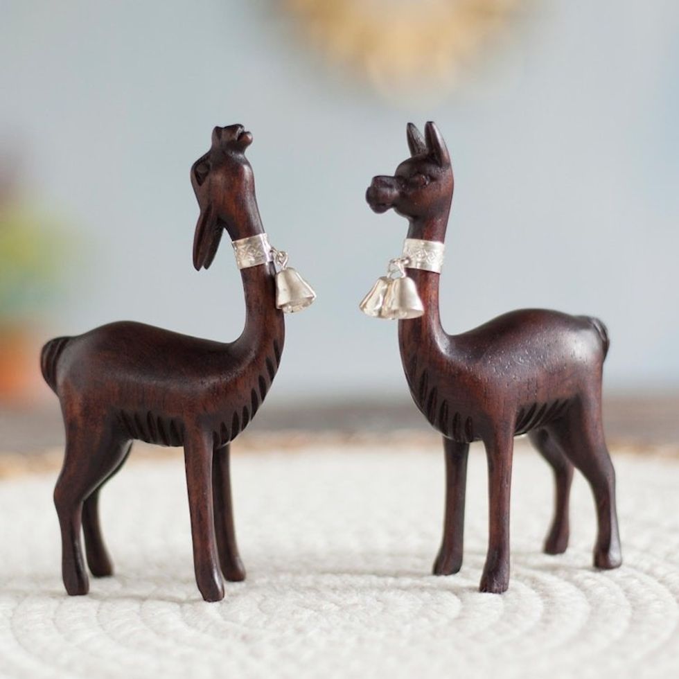 Cedar Wood and Sterling Silver Vicua Figurines Pair 'Andean Vicuas'