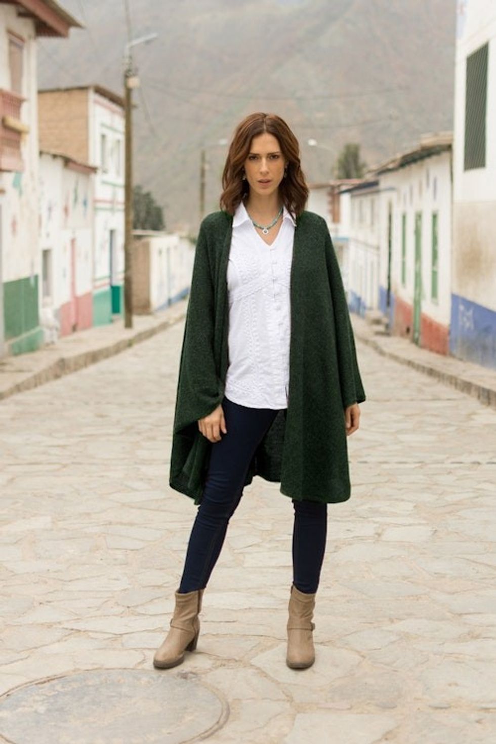 Textured Knit Alpaca Blend Ruana in Green Hues from Peru 'Amazon Green'
