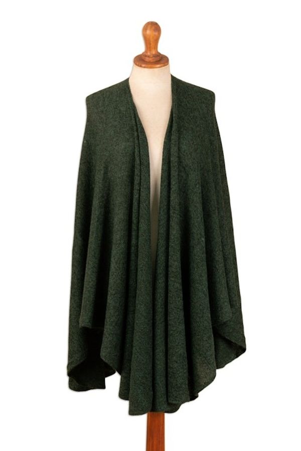 Alternate image for Textured Knit Alpaca Blend Ruana in Green Hues from Peru Amazon Green