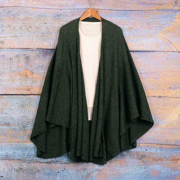Alternate image for Textured Knit Alpaca Blend Ruana in Green Hues from Peru Amazon Green