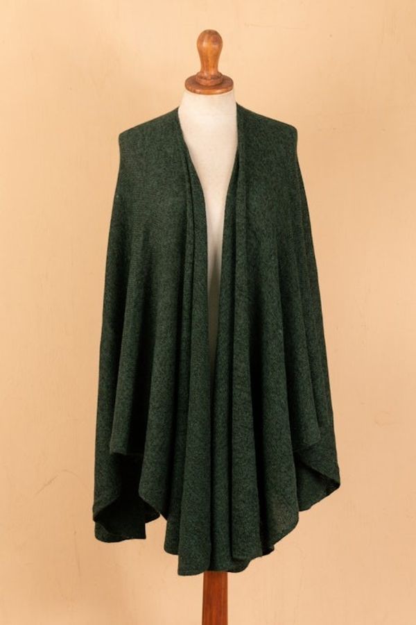 Alternate image for Textured Knit Alpaca Blend Ruana in Green Hues from Peru Amazon Green