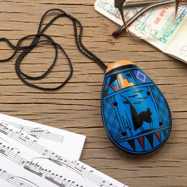 Alternate image for Ceramic Ocarina with Llama Motif Handcrafted in Peru Blue Wind