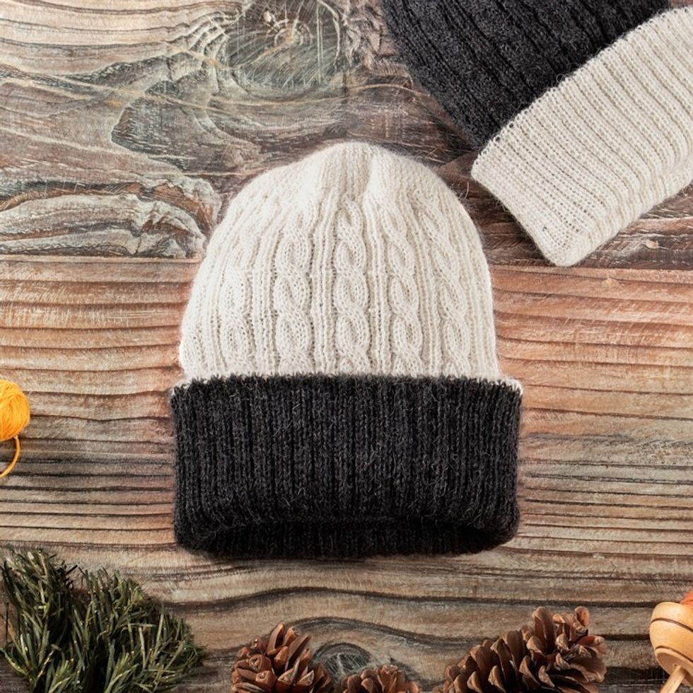 100 Alpaca White and Grey Reversible Knit Hat from Peru 'Warm and Contented'