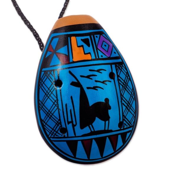 Alternate image for Ceramic Ocarina with Llama Motif Handcrafted in Peru Blue Wind