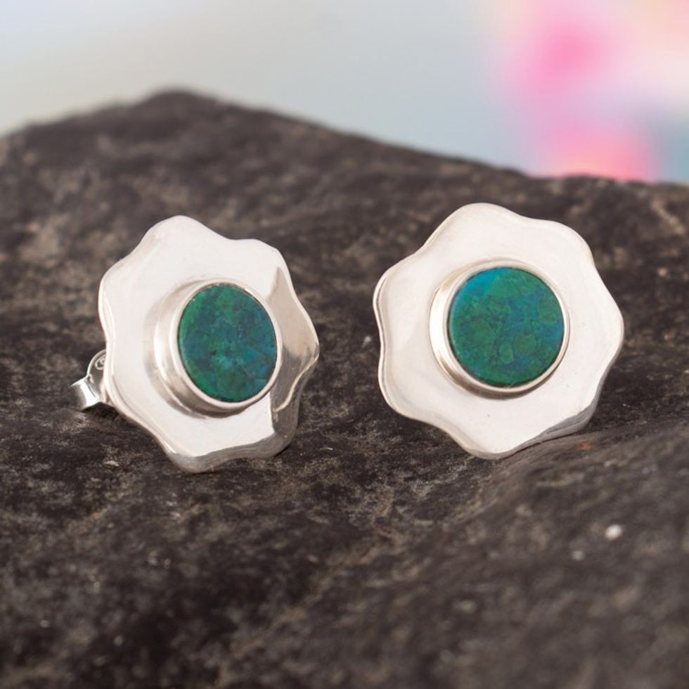 Polished Floral Button Earrings with Natural Chrysocolla 'Intuition Bouquet'
