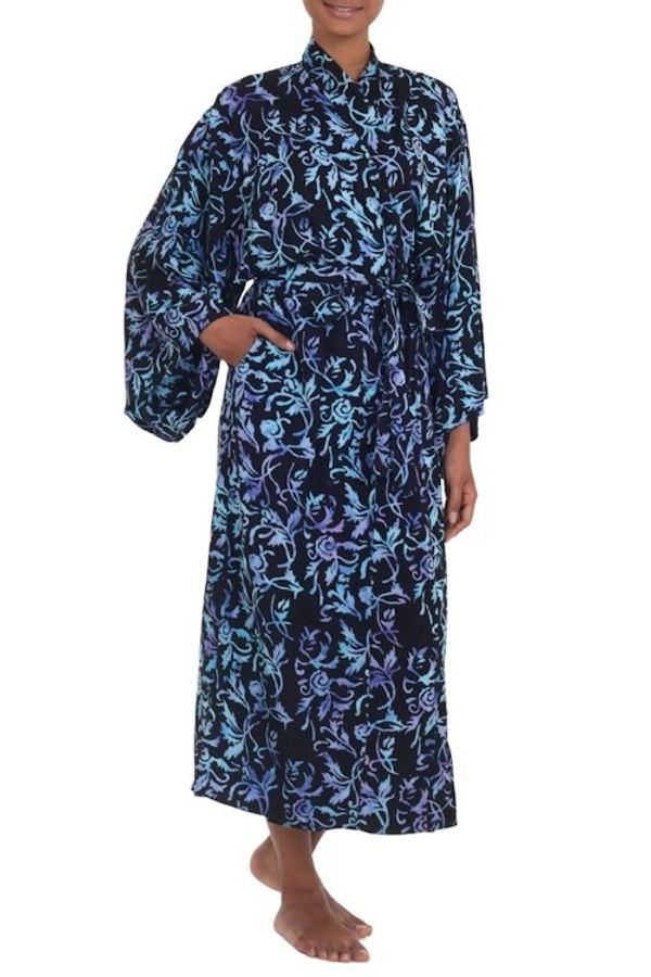 Alternate image for Rayon Black Long Robe with Blue Purple Batik Floral Print Twilight Roses