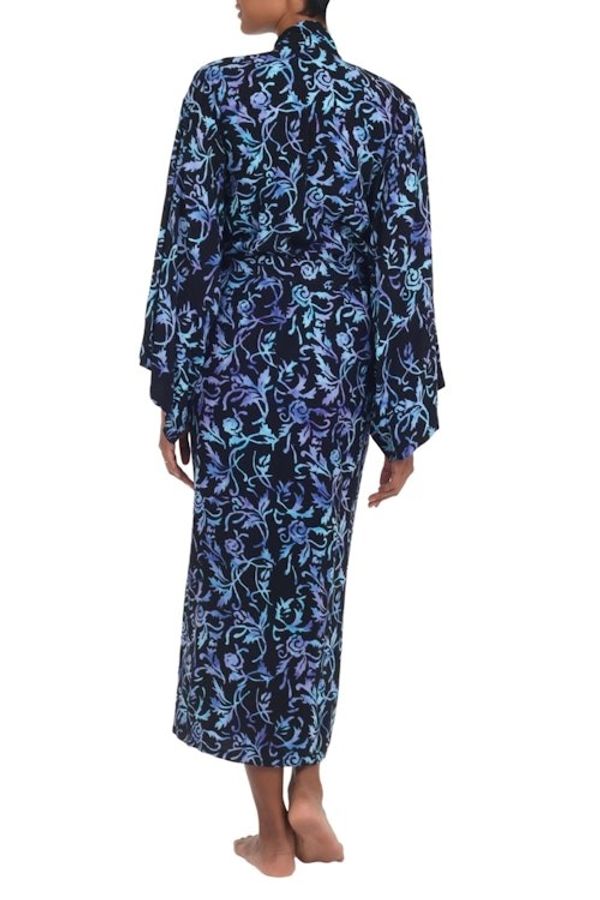 Alternate image for Rayon Black Long Robe with Blue Purple Batik Floral Print Twilight Roses