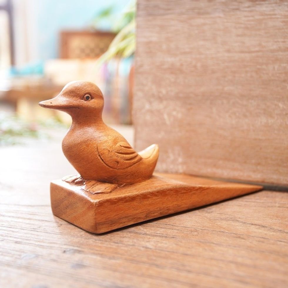 Handcrafted Suar Wood Duck Doorstop in Brown from Bali 'Helpful Duck in Brown'