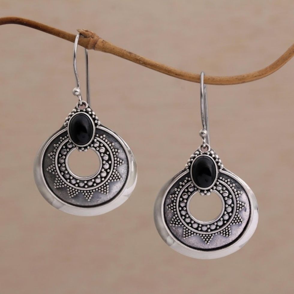 Handcrafted Sterling Silver and Onyx Dangle Earrings 'Royal Medallion'