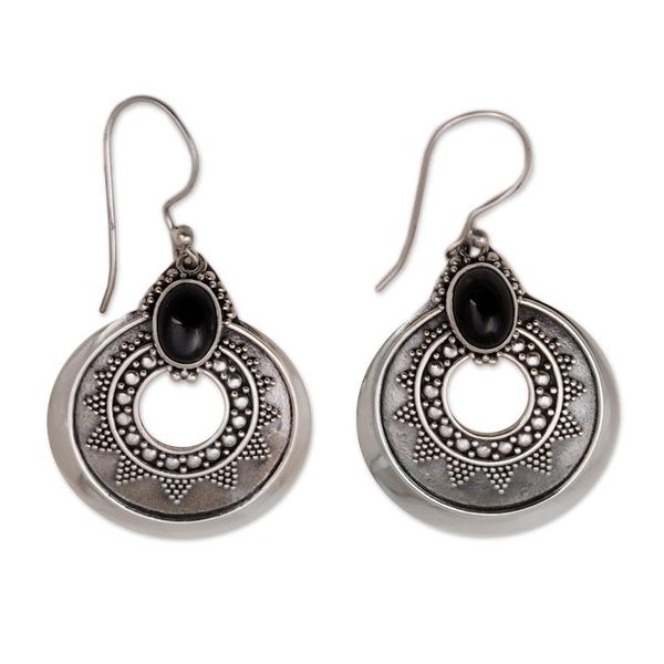 Alternate image for Handcrafted Sterling Silver and Onyx Dangle Earrings Royal Medallion
