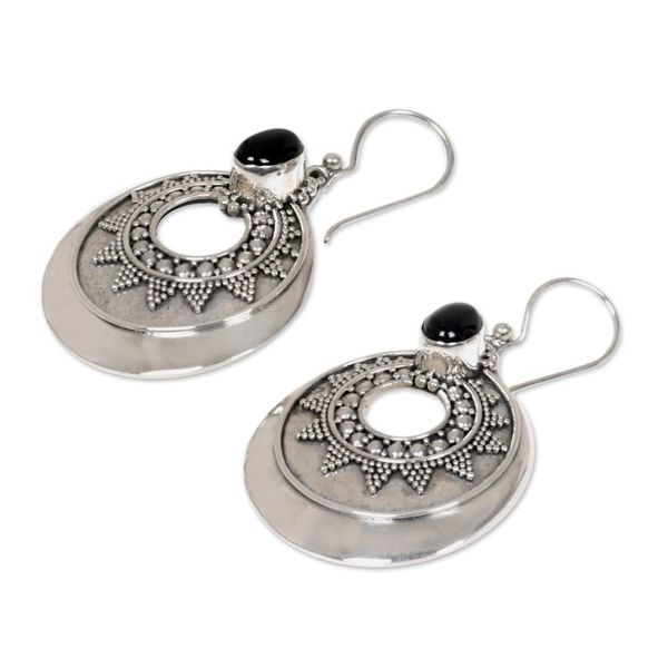 Alternate image for Handcrafted Sterling Silver and Onyx Dangle Earrings Royal Medallion