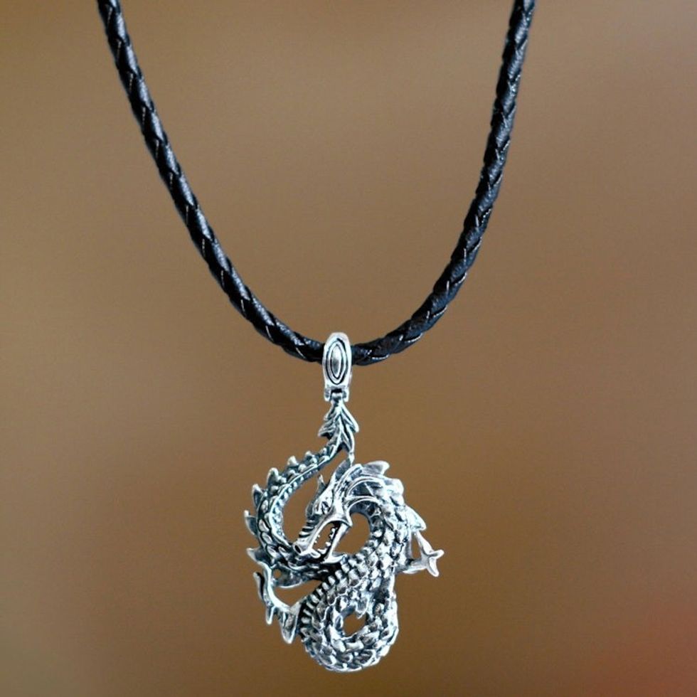 Men's Unique Sterling Silver and Leather Pendant Necklace 'Dancing Dragon'
