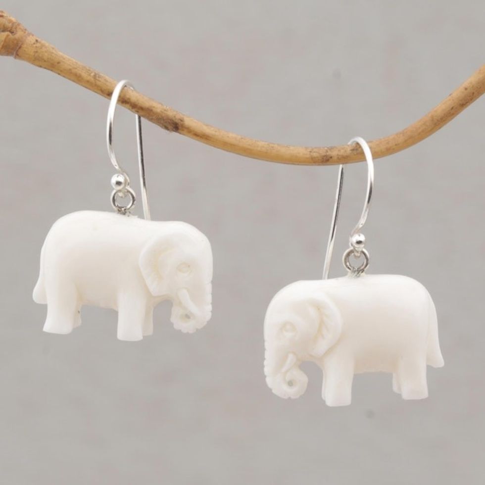 Sleek Cow Bone Carved Elephant Earrings with Silver Hooks 'White Elephant'