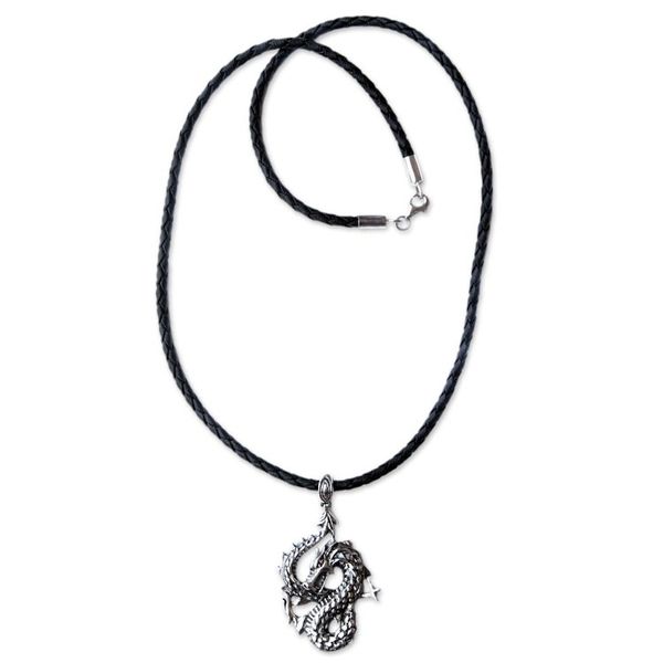 Alternate image for Mens Unique Sterling Silver and Leather Pendant Necklace Dancing Dragon