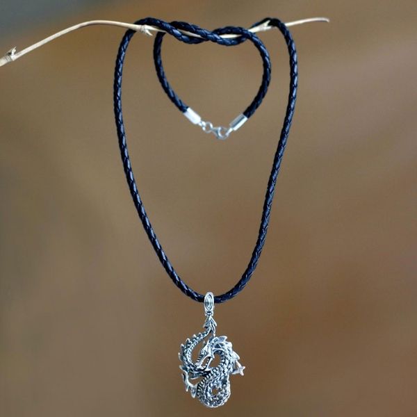 Alternate image for Mens Unique Sterling Silver and Leather Pendant Necklace Dancing Dragon