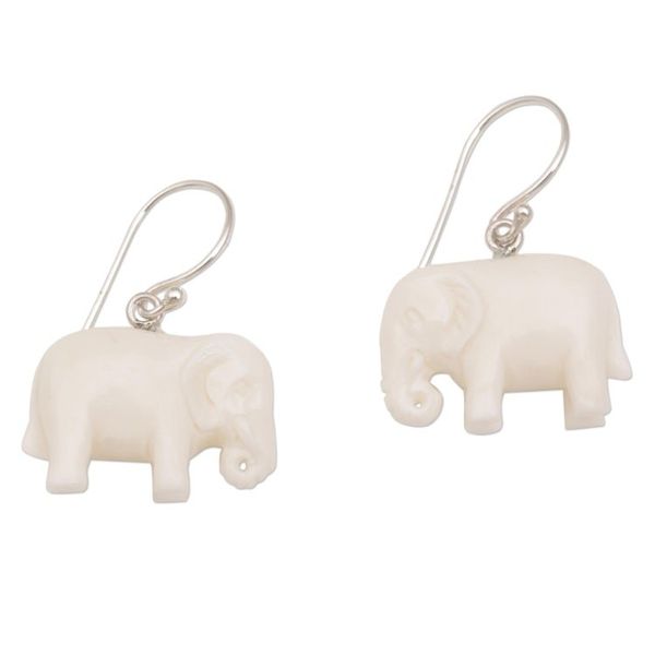 Alternate image for Sleek Cow Bone Carved Elephant Earrings with Silver Hooks White Elephant