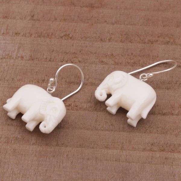 Alternate image for Sleek Cow Bone Carved Elephant Earrings with Silver Hooks White Elephant