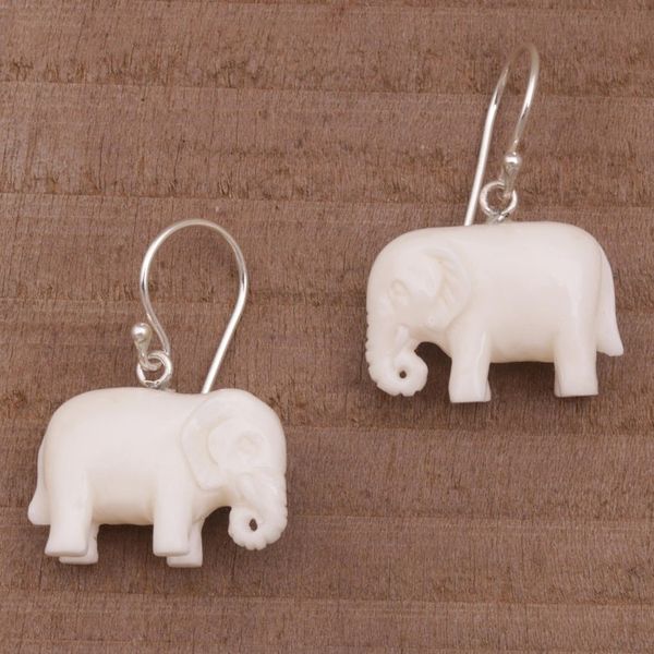 Alternate image for Sleek Cow Bone Carved Elephant Earrings with Silver Hooks White Elephant